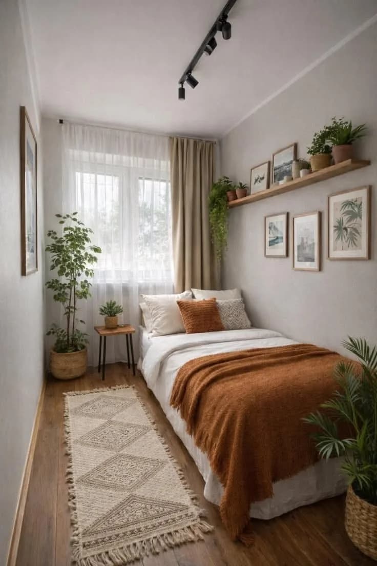 Narrow bedroom with a single bed along the wall, a long cream runner with a diamond pattern on the floor, a wooden shelf with framed prints and plants, and a rust throw on the bed