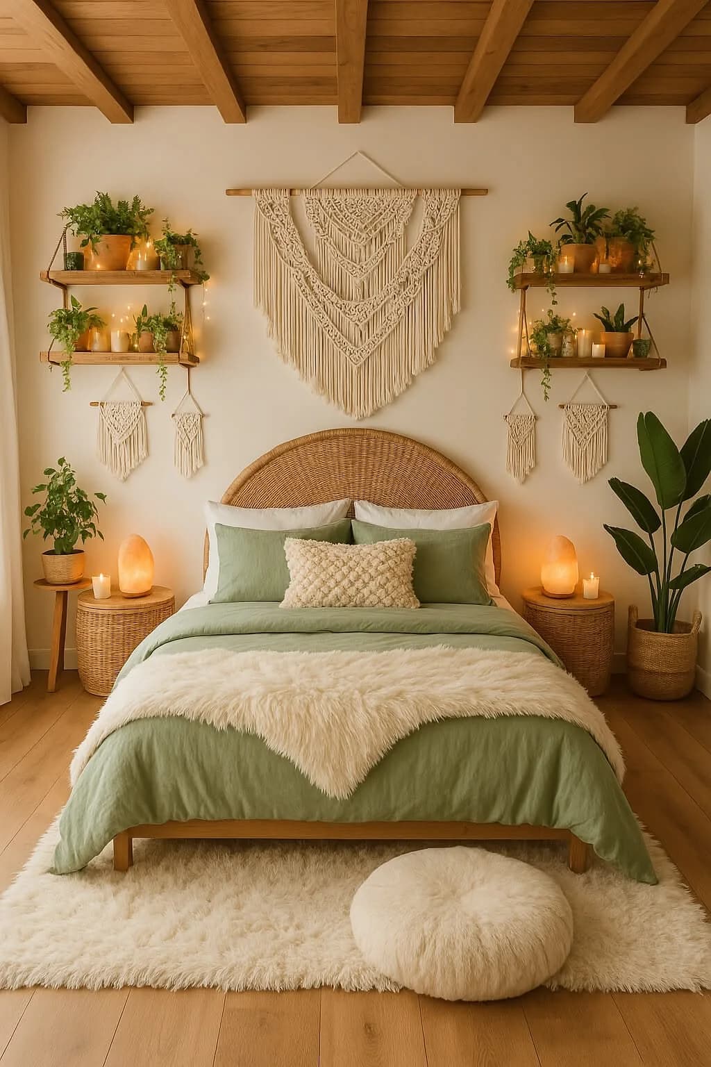 Boho bedroom with a large macrame wall hanging above a rattan headboard, two small wooden shelves with plants and candles on either side, sage bedding and a cream shaggy rug