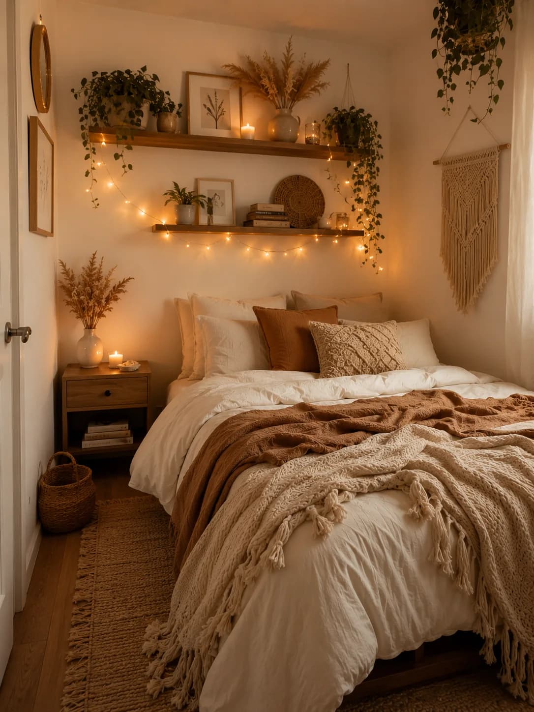 Small boho bedroom with floating wooden shelves above the bed holding dried grasses, plants and books, with string lights draped along the shelves and a macrame hanging