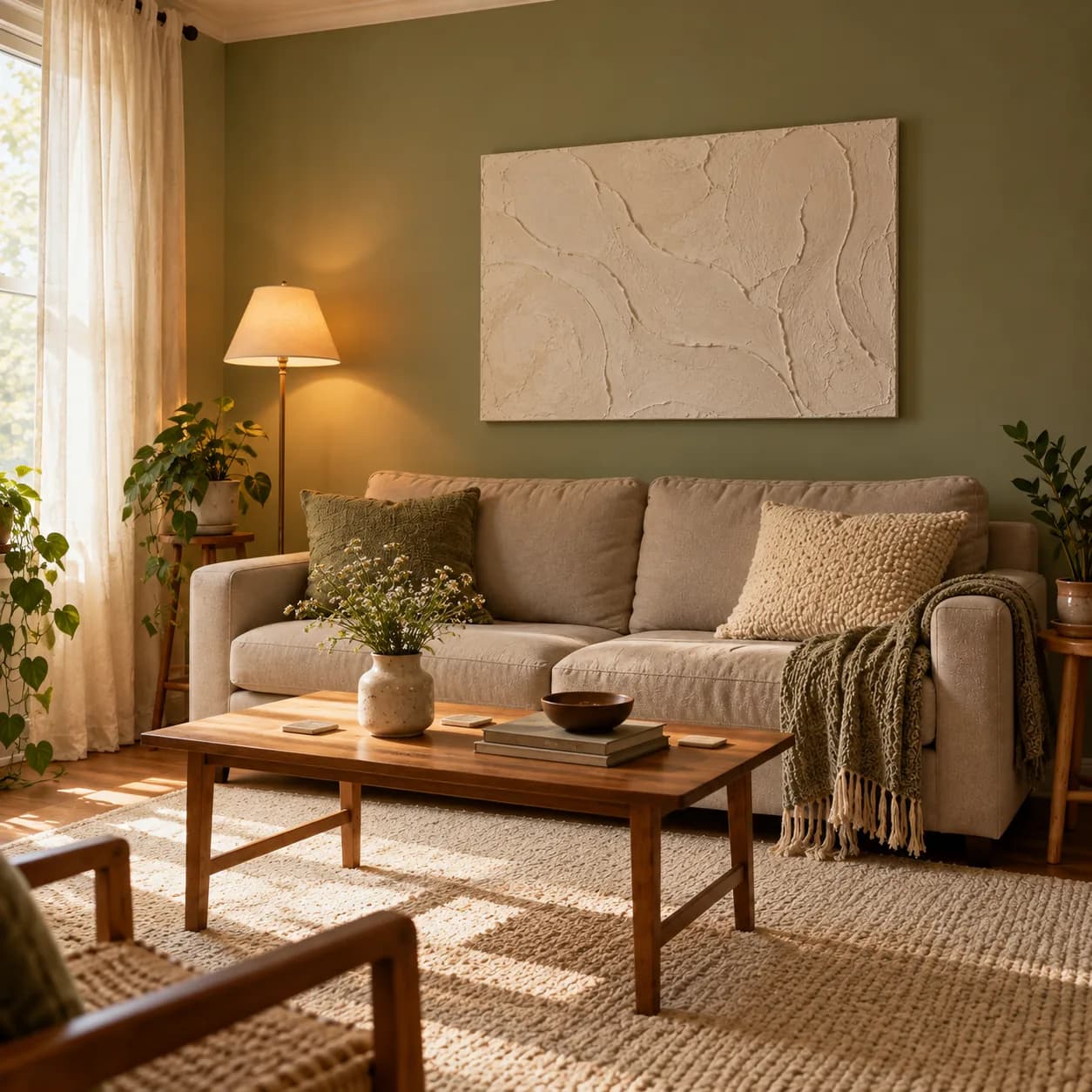 Handmade off-white textured plaster canvas above a sofa