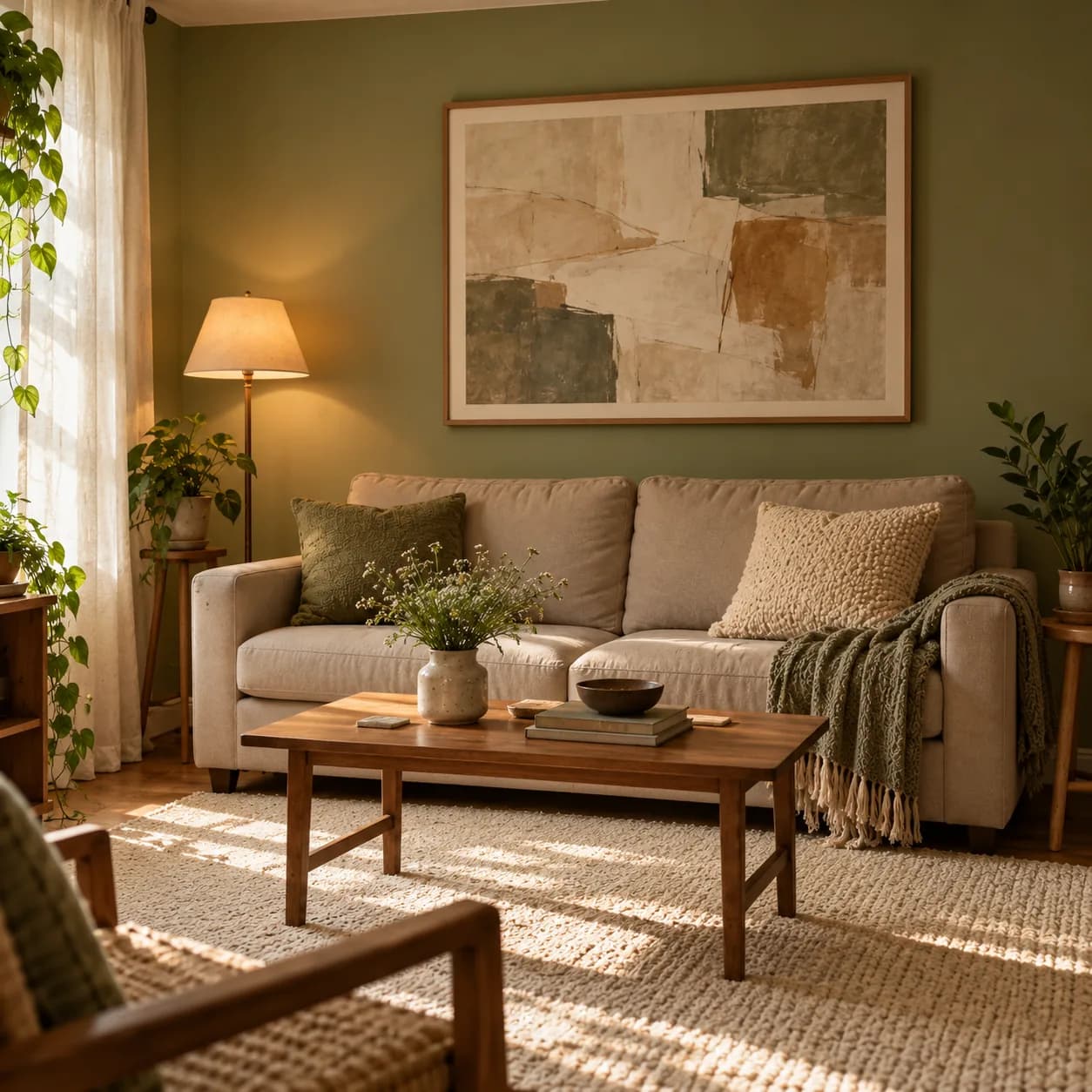 One large abstract print in a thin oak frame above a sofa