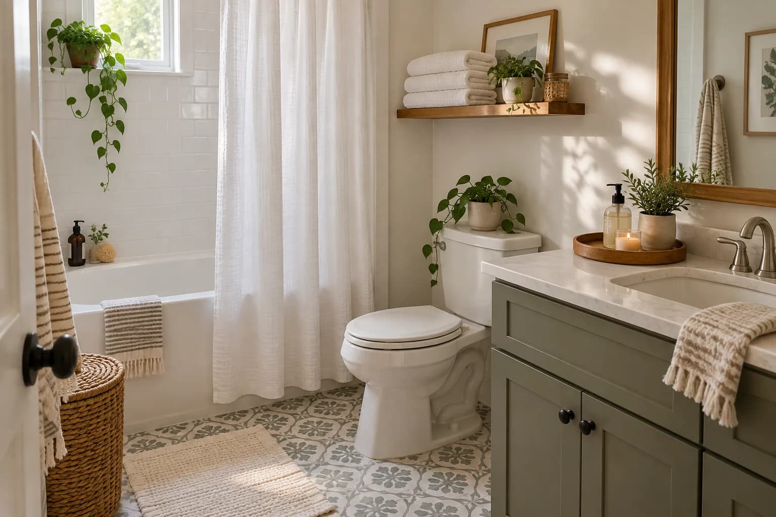 Small bathroom with white shower curtain, stacked towels and a styled tray