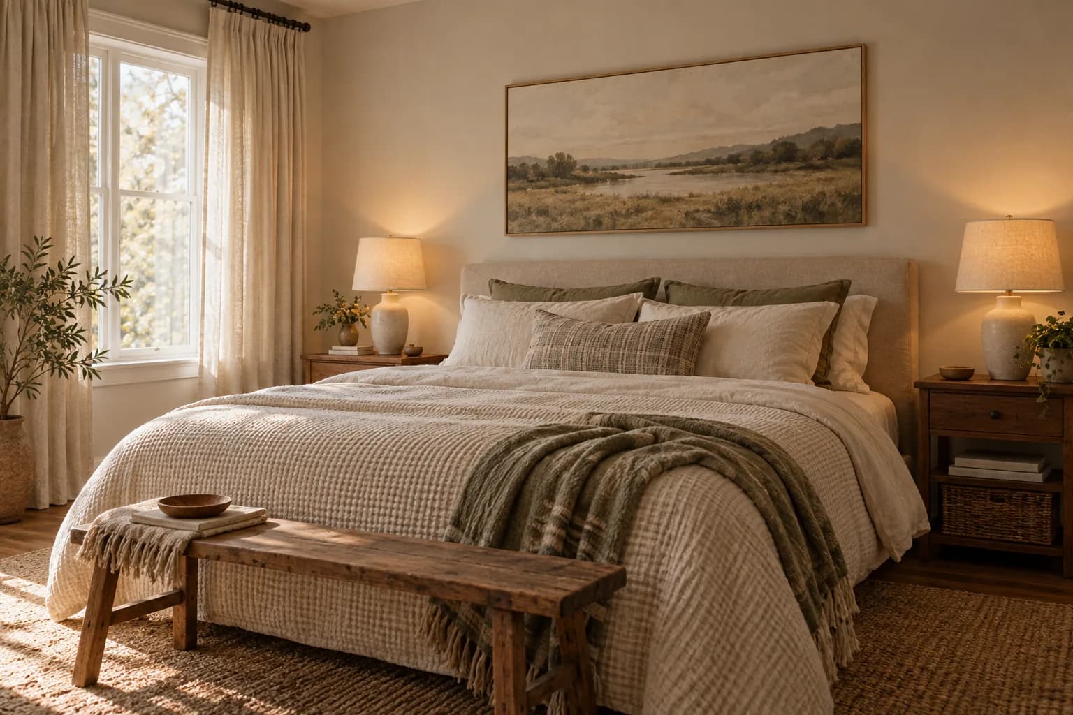 Budget bedroom with oatmeal waffle-weave duvet, bedside lamps and high-hung curtains