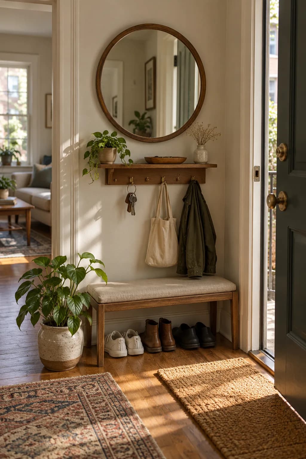 Small entryway with a round mirror, key shelf, slim shoe bench and doormat