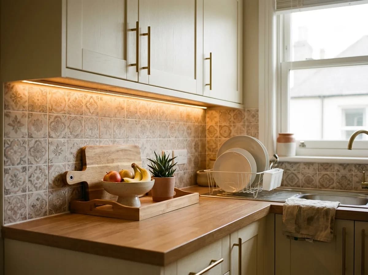Small kitchen with warm under-cabinet LED strip, brass pulls and peel-and-stick backsplash