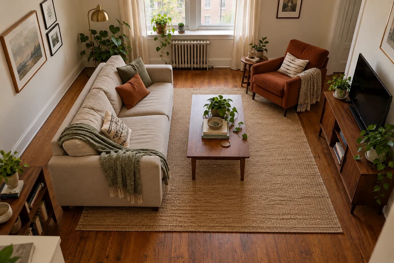 Same living room with the sofa floated onto a rug and the extra ottoman removed