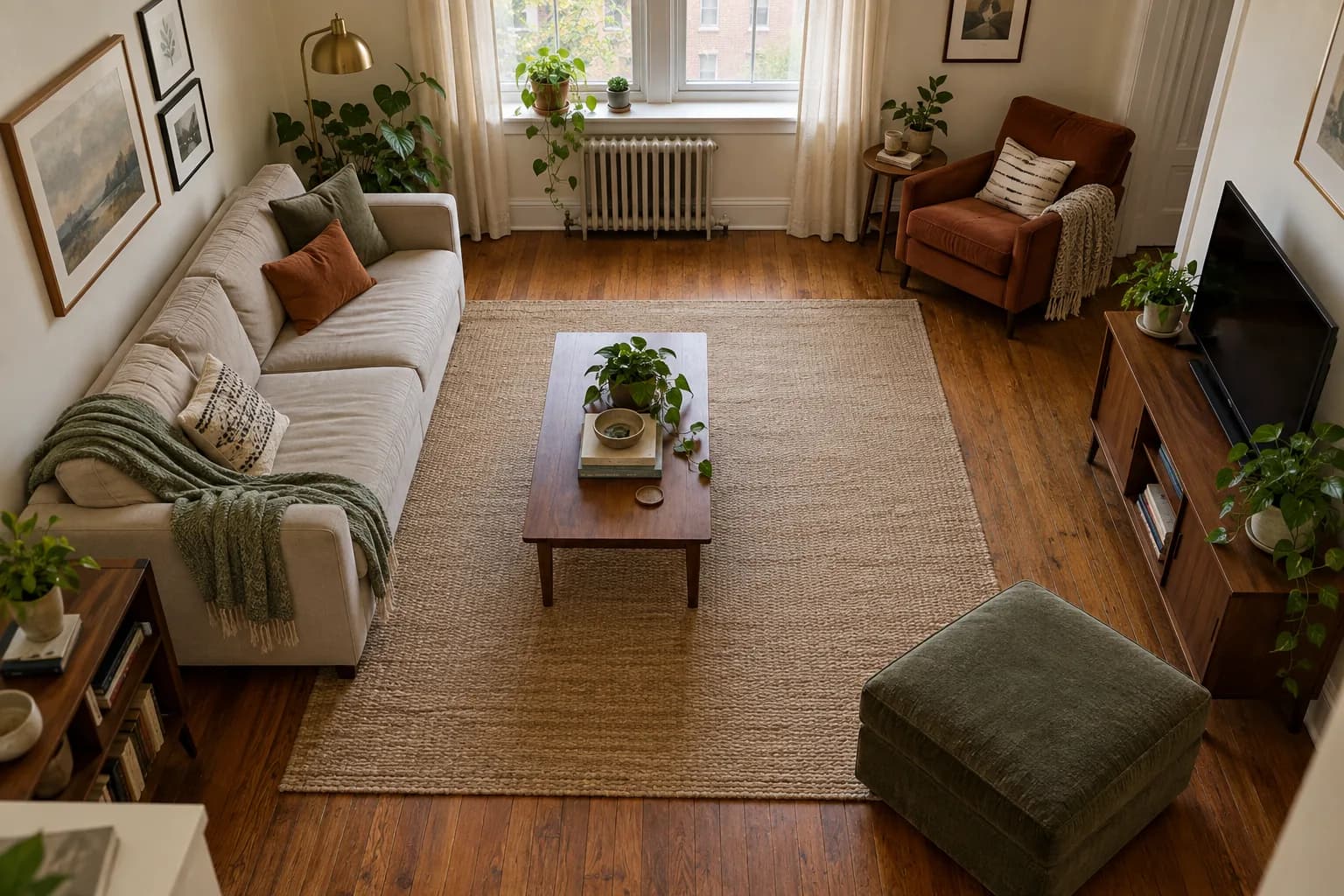 Living room with every piece pushed against the walls and an extra ottoman in the path