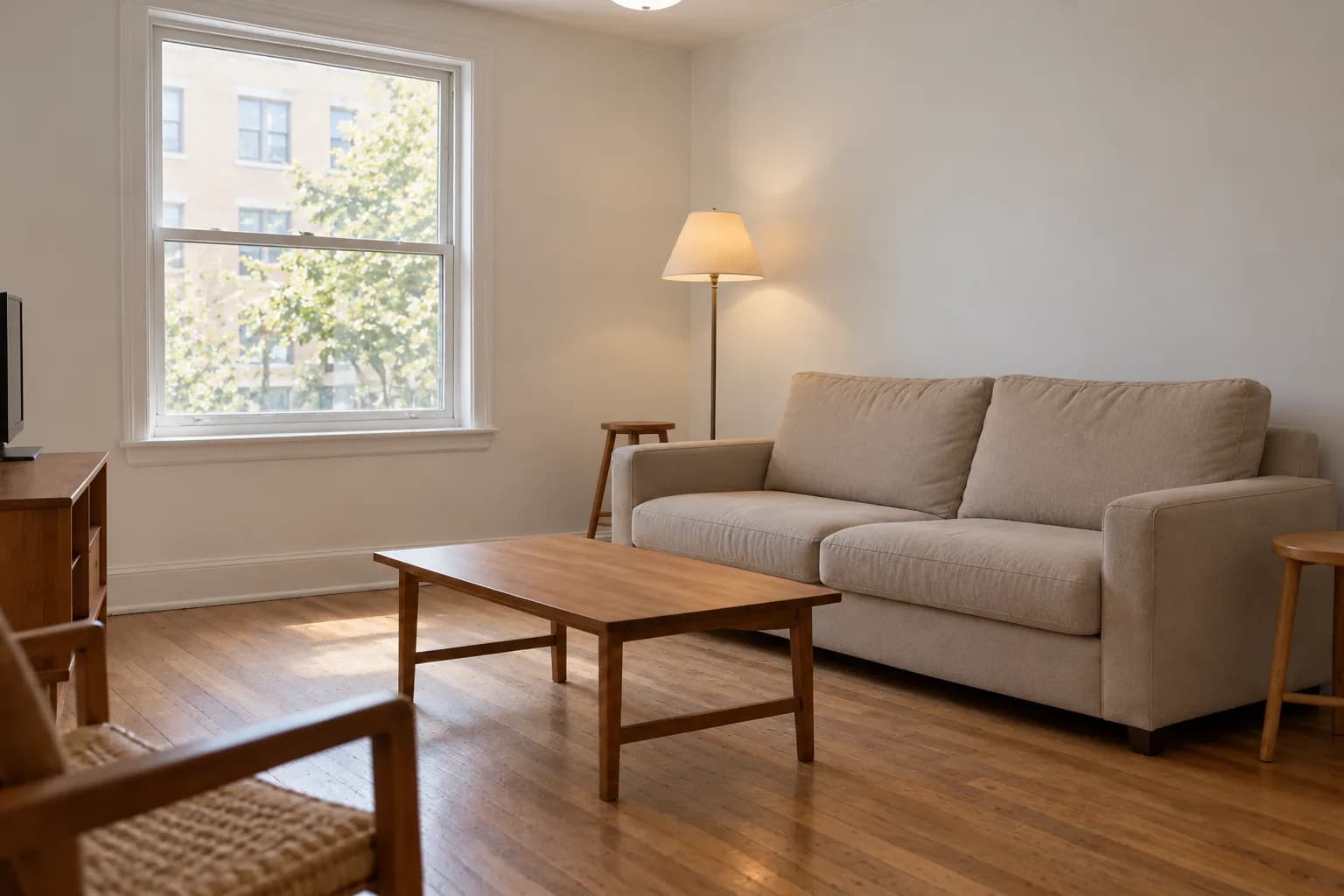 Bare living room with white walls, no curtains, no rug and harsh overhead light