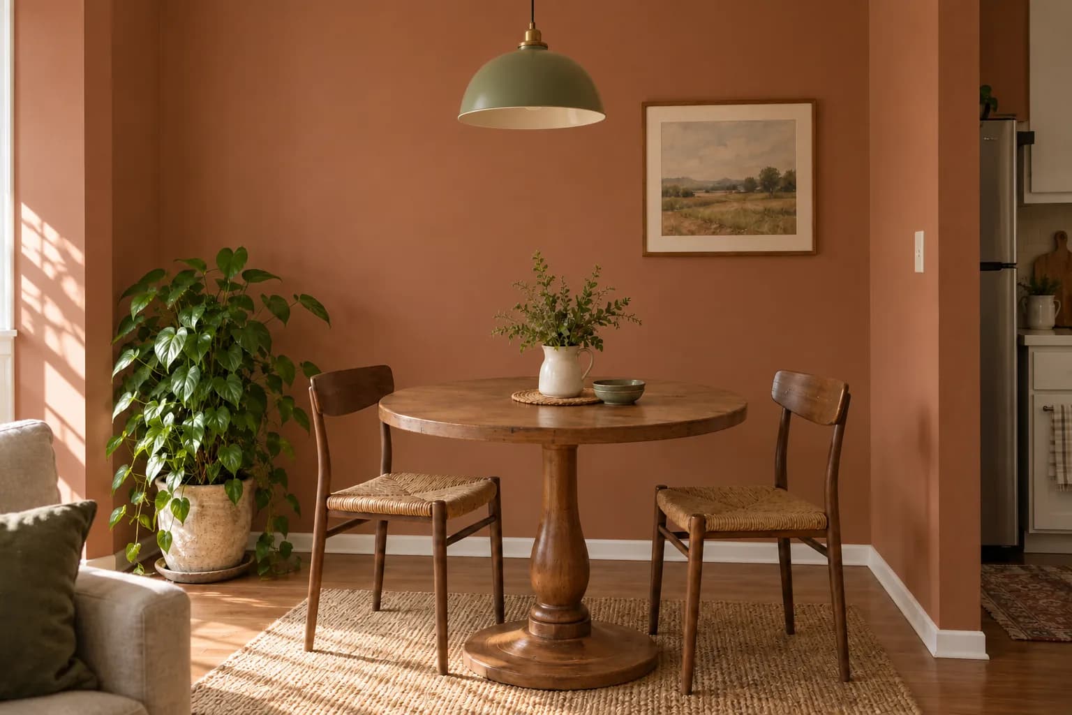 Same dining nook with walls painted warm terracotta, identical furniture and lamp