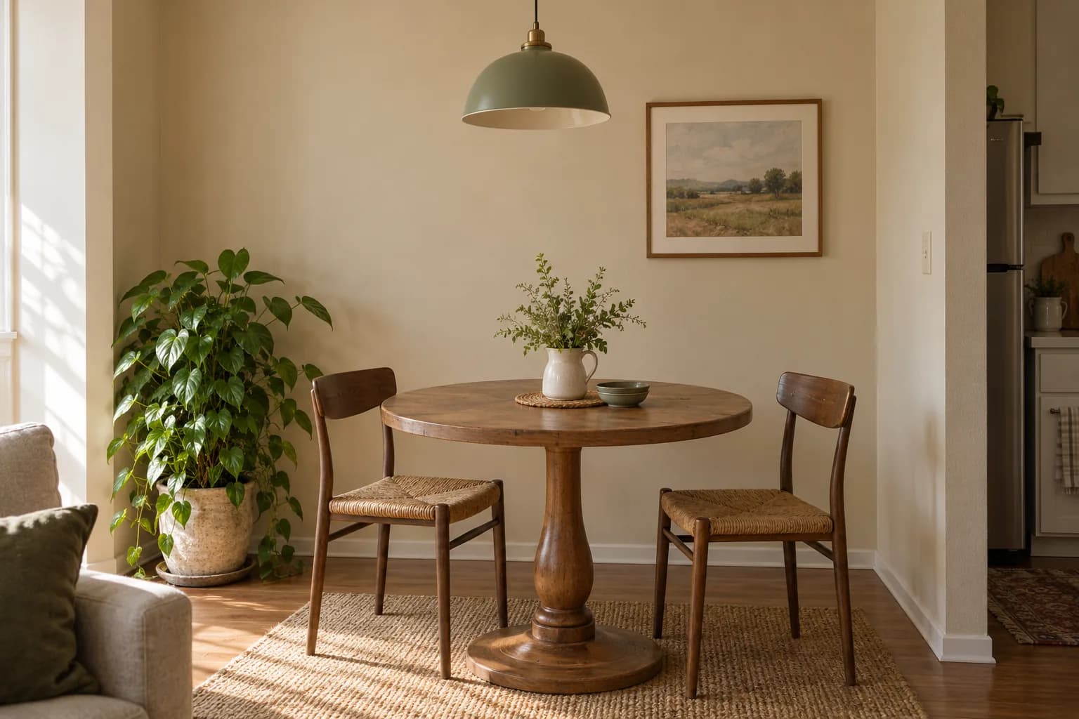 Dining nook with plain builder-beige walls, round wood table and pendant lamp