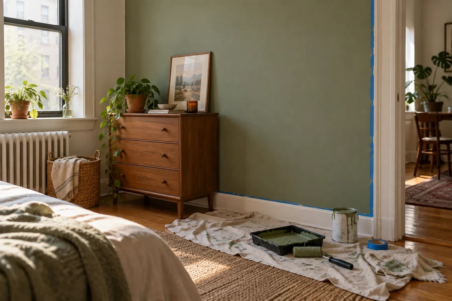 Freshly painted sage green accent wall with a paint tray and drop cloth on the floor