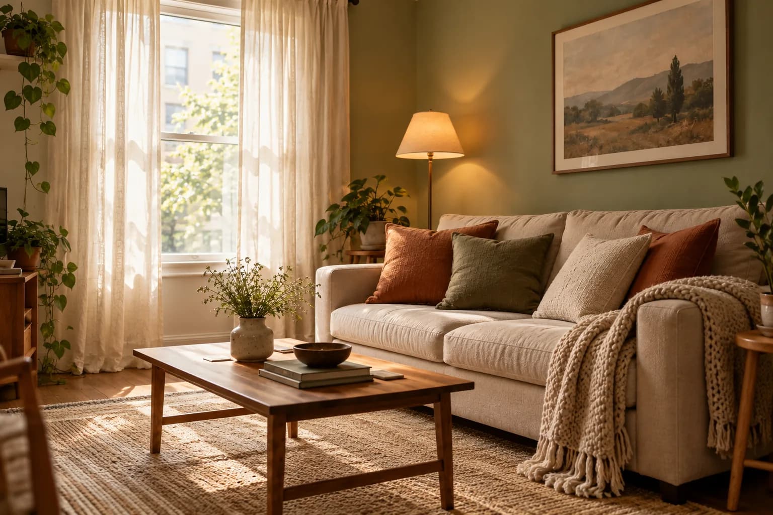 Sofa and window with high-hung cream linen curtains, jute rug and rust, olive and oatmeal pillow covers