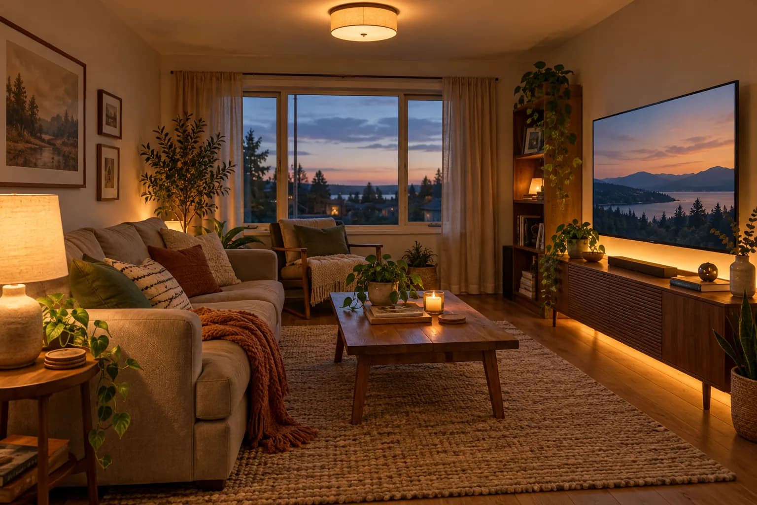 Living room lit in three warm layers: ceiling light, table lamp and LED strip behind the TV