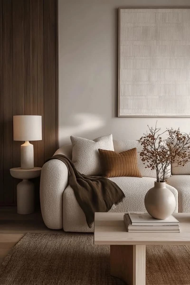 Close view of a cream boucle sofa with a chocolate brown throw and a rust cushion beside a white lamp, a vase of dried branches and a dark wood panel wall