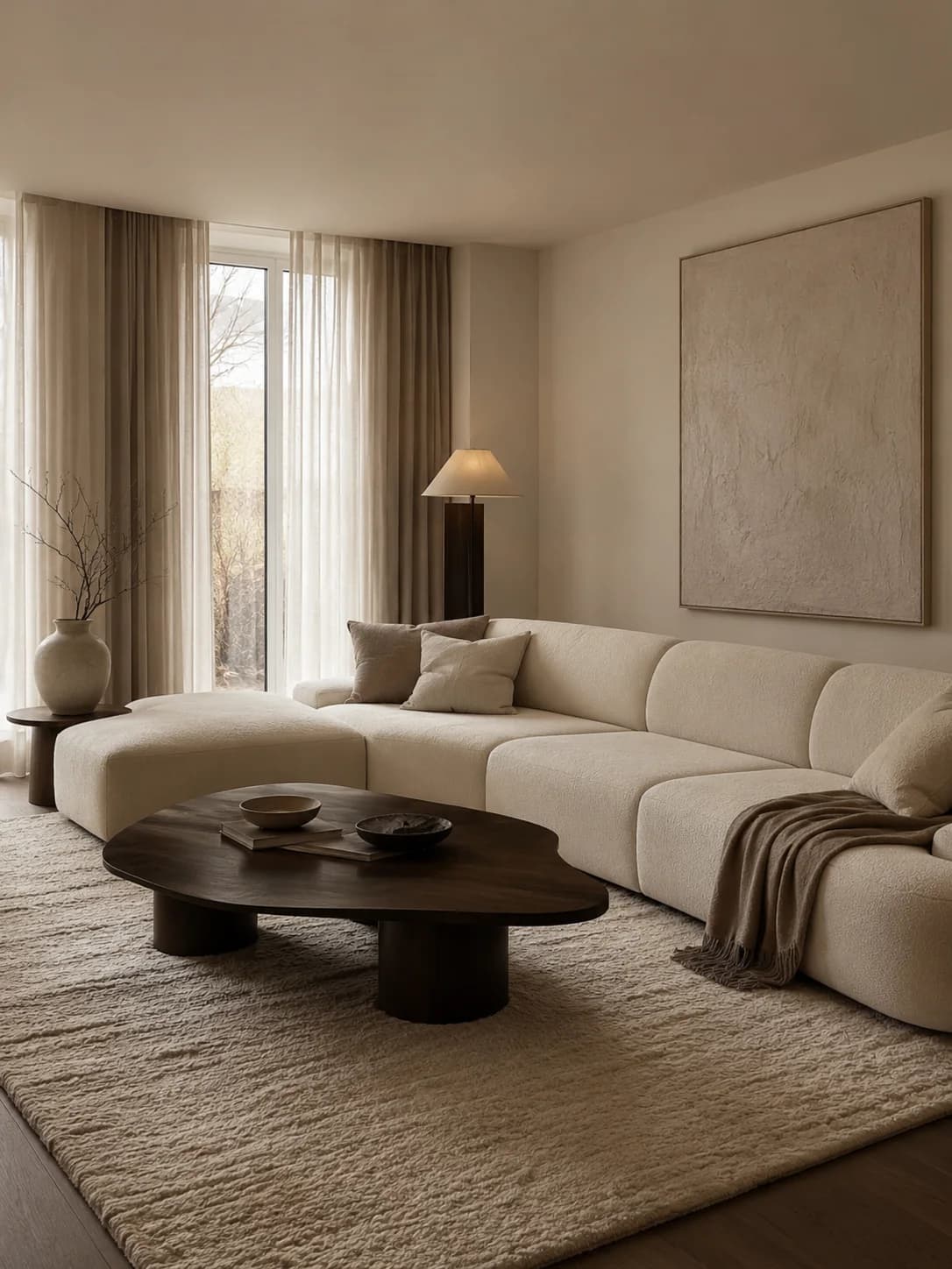Neutral living room with a long cream modular sofa, a dark walnut oval coffee table, a brown throw, a large textured cream artwork and a floor lamp by tall windows with linen curtains