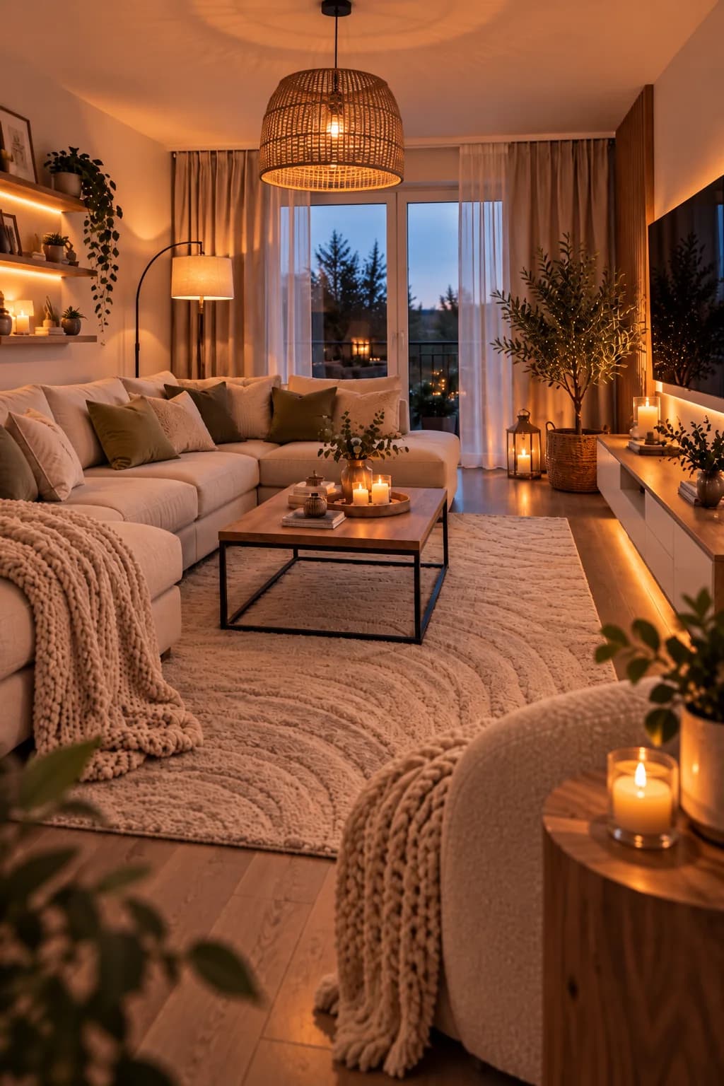 Neutral living room in the evening with a woven pendant, lit shelves, candles on a side table, a cream sectional with a pink-beige knit throw and a dark coffee table on a cream rug