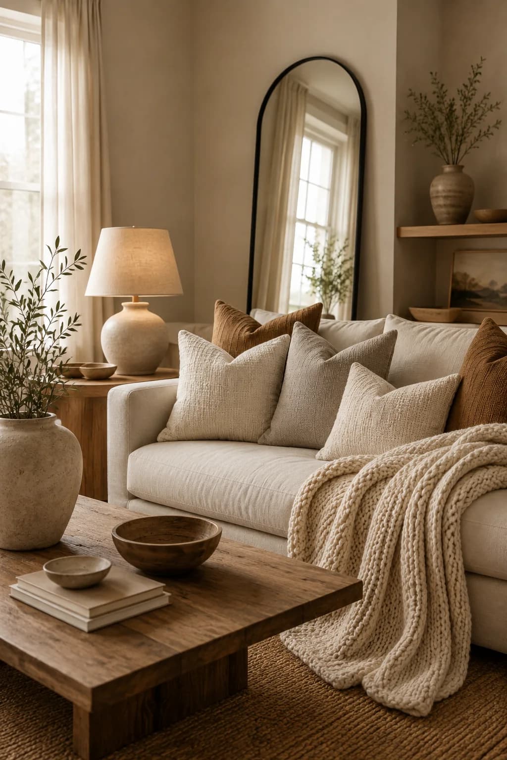Cream sofa with beige and caramel cushions and a chunky cream knitted throw, a ceramic table lamp, a wooden coffee table with a wooden bowl and an arched mirror beside a window