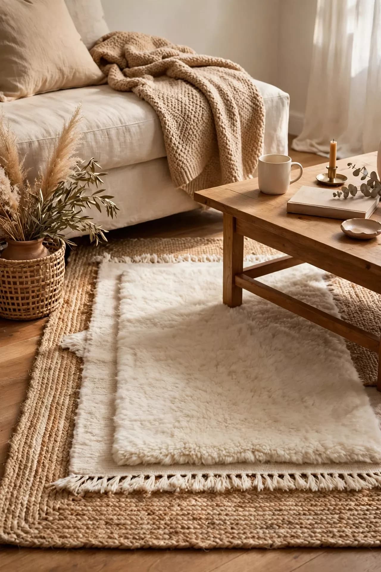 Close view of a fluffy cream rug layered on a large jute rug under a wooden coffee table, with a cream sofa, a knitted throw and pampas grass in a basket
