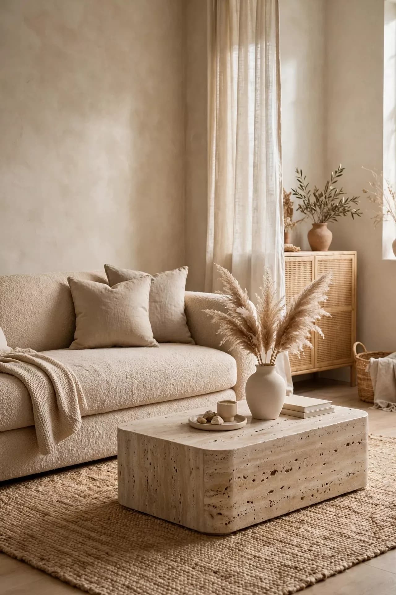 Neutral living room with soft mottled plaster walls, a cream sofa with linen cushions, a travertine coffee table with pampas grass in a vase, a jute rug and a rattan cabinet by a window with sheer curtains