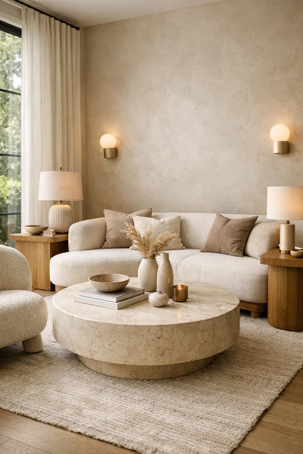 Neutral living room with a mottled plaster wall lit by two round brass sconces, a cream boucle sofa, a round stone coffee table, two table lamps and a pale textured rug
