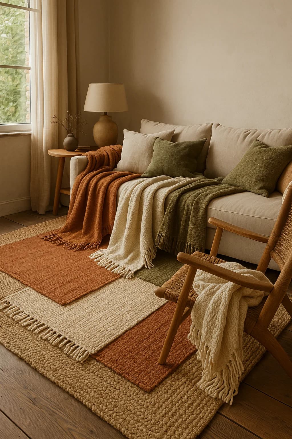 Cream sofa draped with rust, cream and olive green throws, green cushions, layered rust and cream rugs, a wooden chair and a table lamp by a window