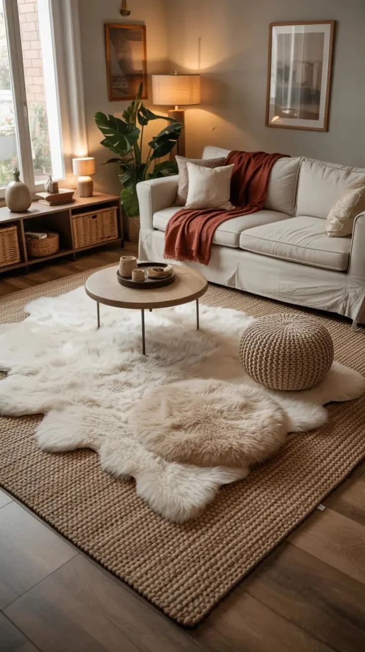 Neutral living room with a sheepskin rug layered over a jute rug, a white slipcovered sofa with a red throw, a round wooden table and a knitted pouf