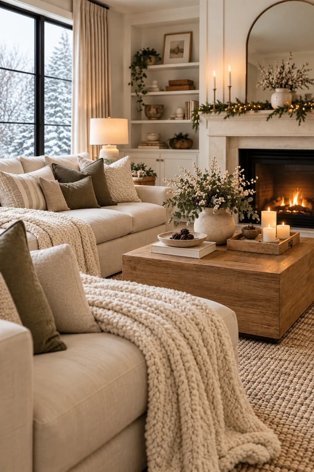 Cozy neutral living room in winter with a lit fireplace, a garland and candles on the mantel, a cream sofa with a knitted throw, a wooden coffee table with candles and snow outside the window