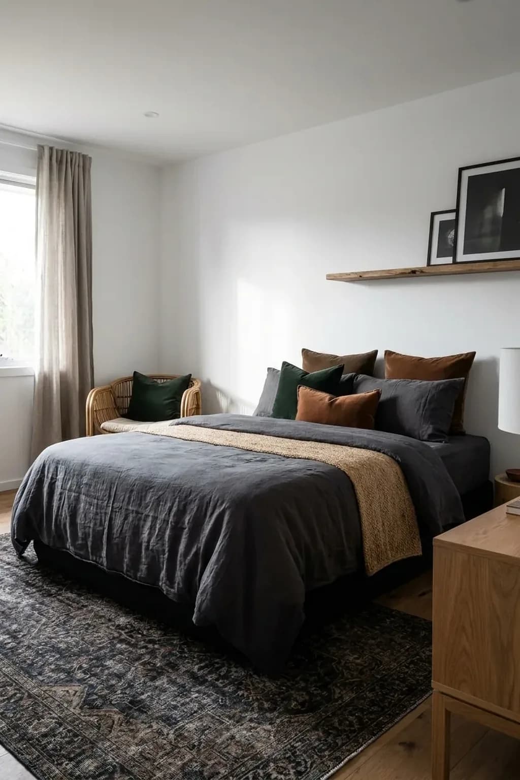 Rental bedroom with plain white walls and a bed dressed in charcoal linen with deep green and rust cushions, a dark patterned rug, a rattan chair, dark frames leaning on a shelf, showing the moody look without paint