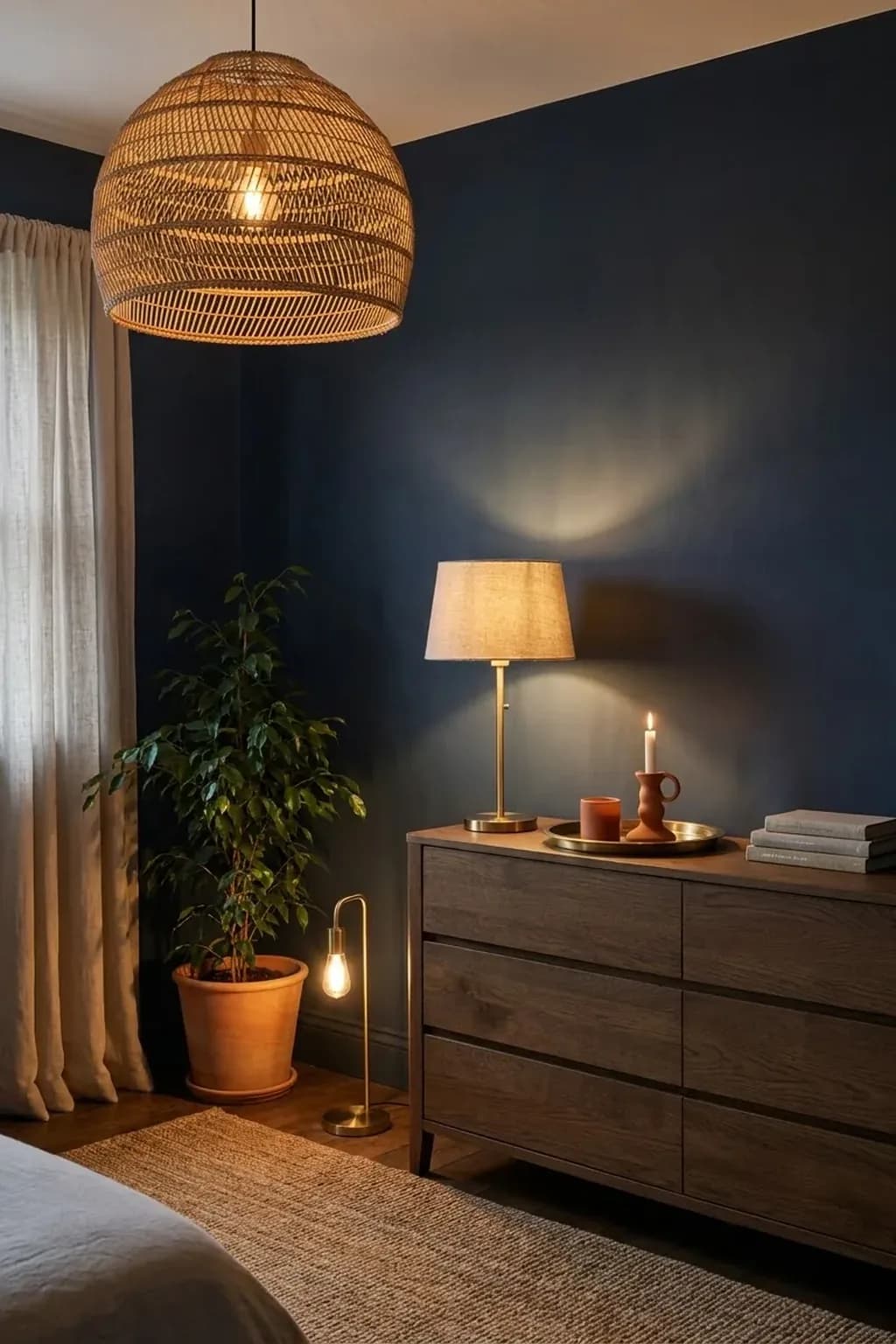 Evening bedroom corner with a navy wall lit by three warm lamps: a rattan pendant, a brass table lamp on a dark wood chest and a small lamp on the floor, light pooling on the wall, a brass tray with a candle holder