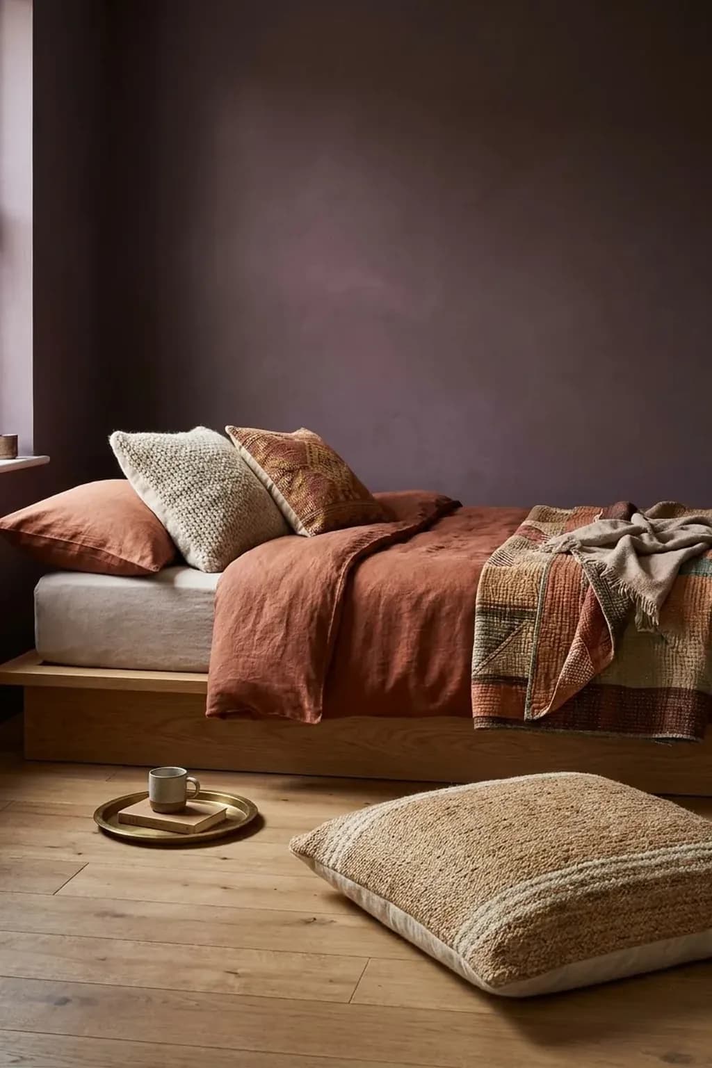 Low platform bed close to the floor against a deep plum wall, layered with a rust linen duvet, a kantha-style quilt folded at the foot and cushions in three different fabrics, a floor cushion and a small brass tray beside it