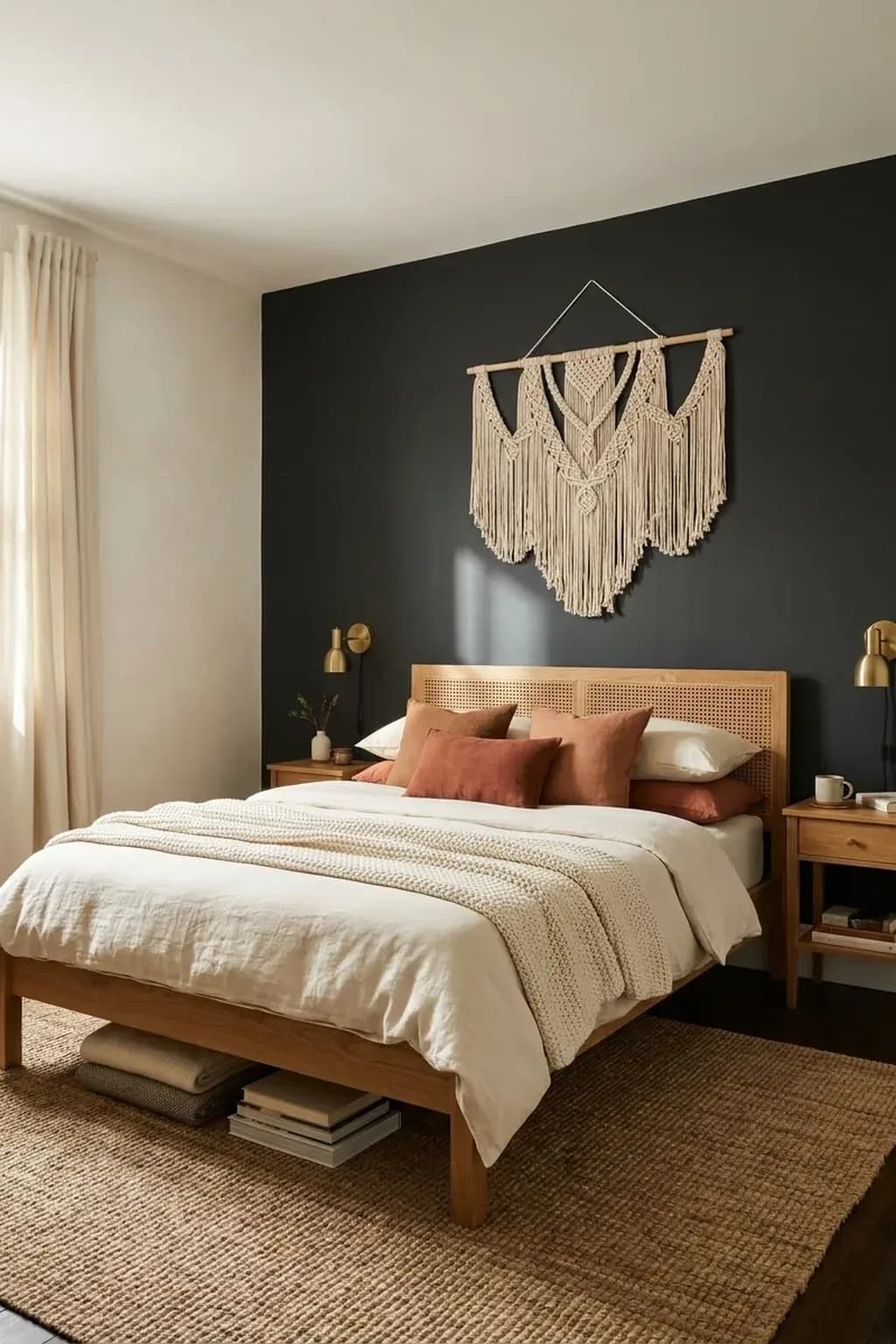 Small bedroom with only the wall behind the bed painted matt charcoal and the other walls warm white, a wooden bed with cream bedding and terracotta cushions, a macrame hanging on the dark wall, a jute rug