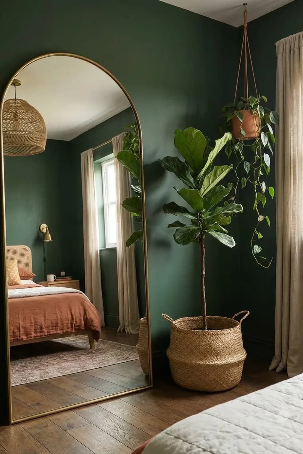 Large arched mirror with a thin brass frame leaning against a deep green bedroom wall, reflecting a window, a tall plant in a woven basket beside it and a trailing plant in a hanging planter