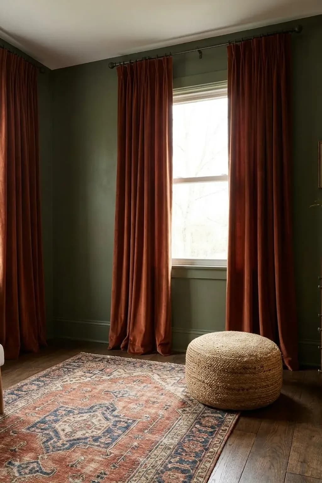 Bedroom window with floor-length rust velvet curtains hung high against a dark olive green wall, a faded kilim rug in rust, navy and cream on a wood floor, a jute pouf