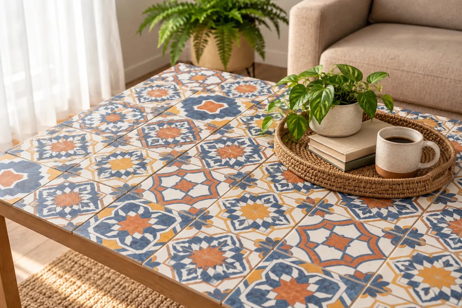 Finished Moroccan tiled coffee table styled with a woven tray, books and a plant