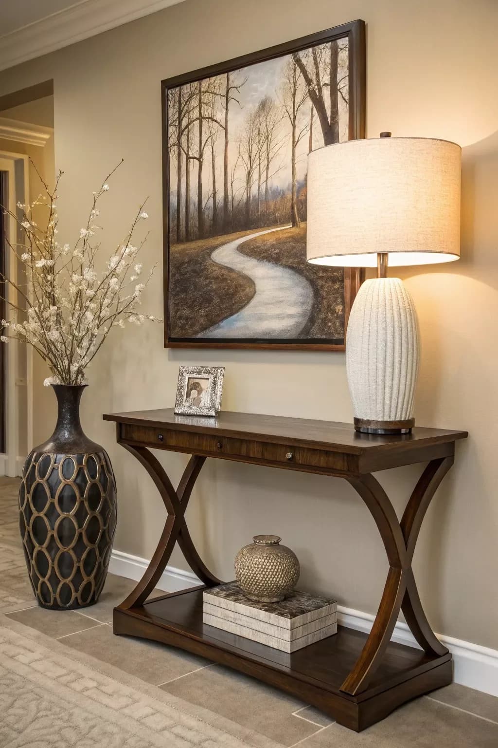 Dark wood entryway table with crossed legs under a landscape painting, a large ribbed ceramic lamp, a tall dark vase of white blossom on the floor and a small frame on the table