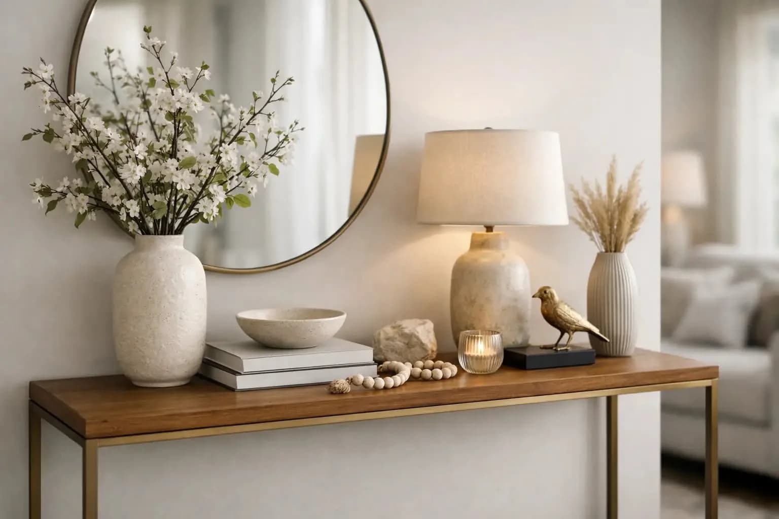 Wooden entryway table with a round brass mirror above, a cream lamp, white blossom branches in a stone vase, a bowl on a stack of books, a candle and dried grass