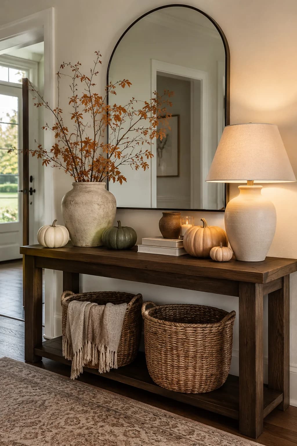 Dark wood entryway table with orange fall branches in a stone vase, small white and orange pumpkins, a ceramic lamp, an arched mirror above and two woven baskets below with a knitted throw