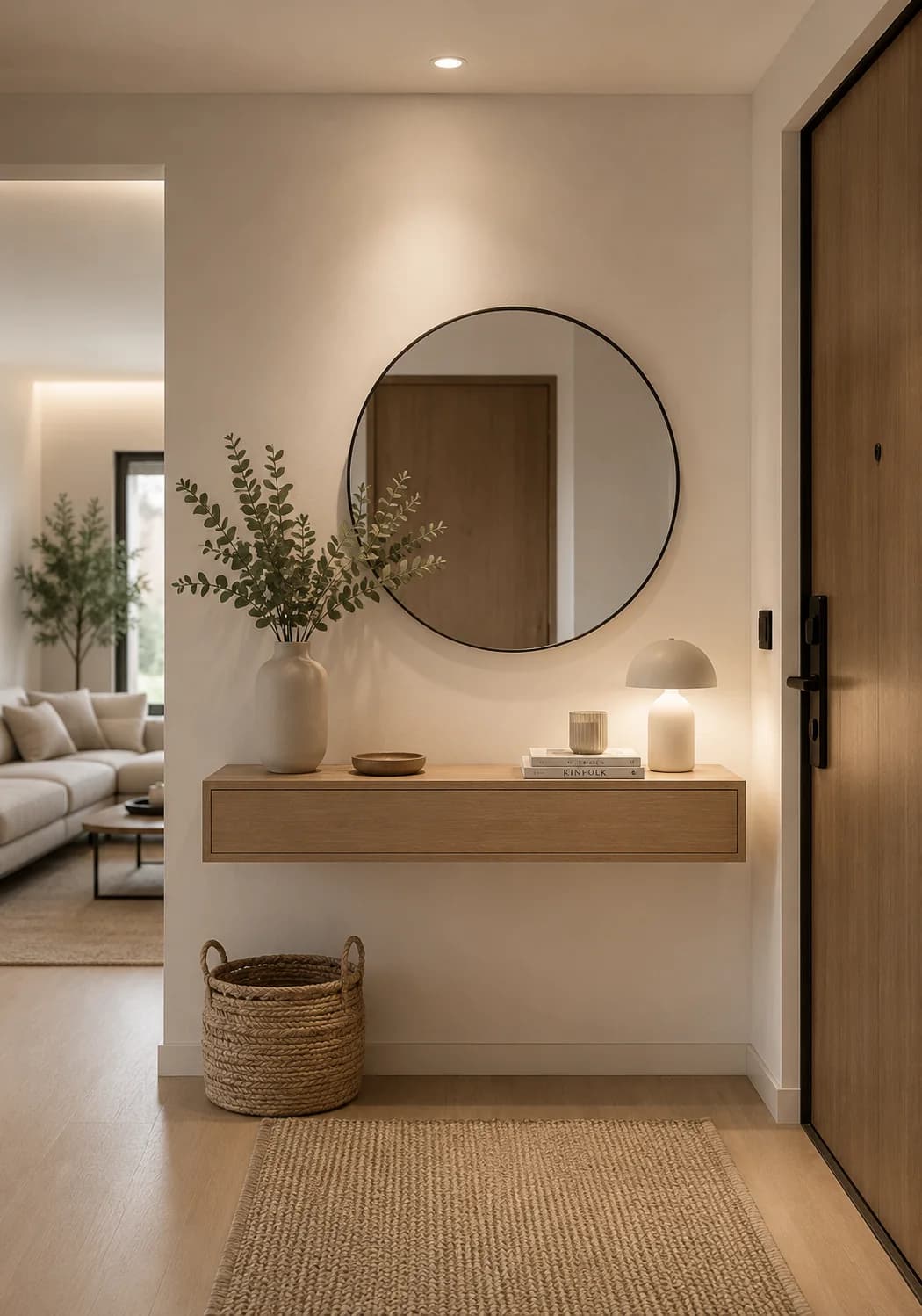 Small apartment entry with a light wood floating shelf beside the front door, a round mirror above, eucalyptus in a vase and a small mushroom lamp, a woven basket on the floor and a jute rug