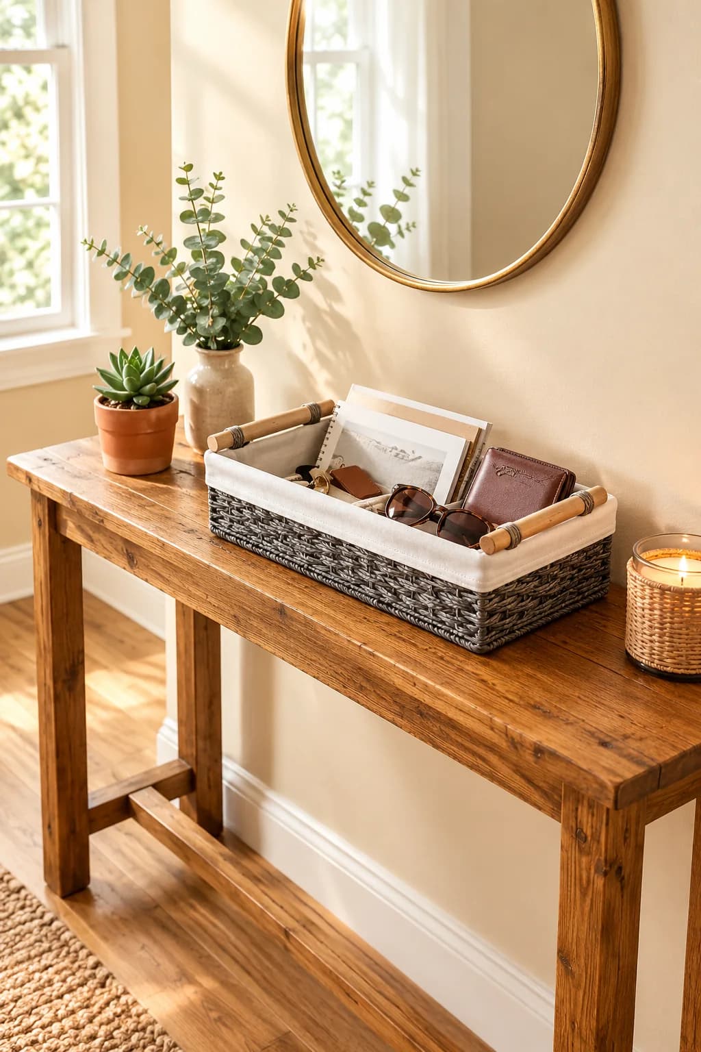 Rustic wooden entryway table with a woven tray holding mail and a wallet, a succulent in a terracotta pot, eucalyptus in a vase, a candle and a round mirror above