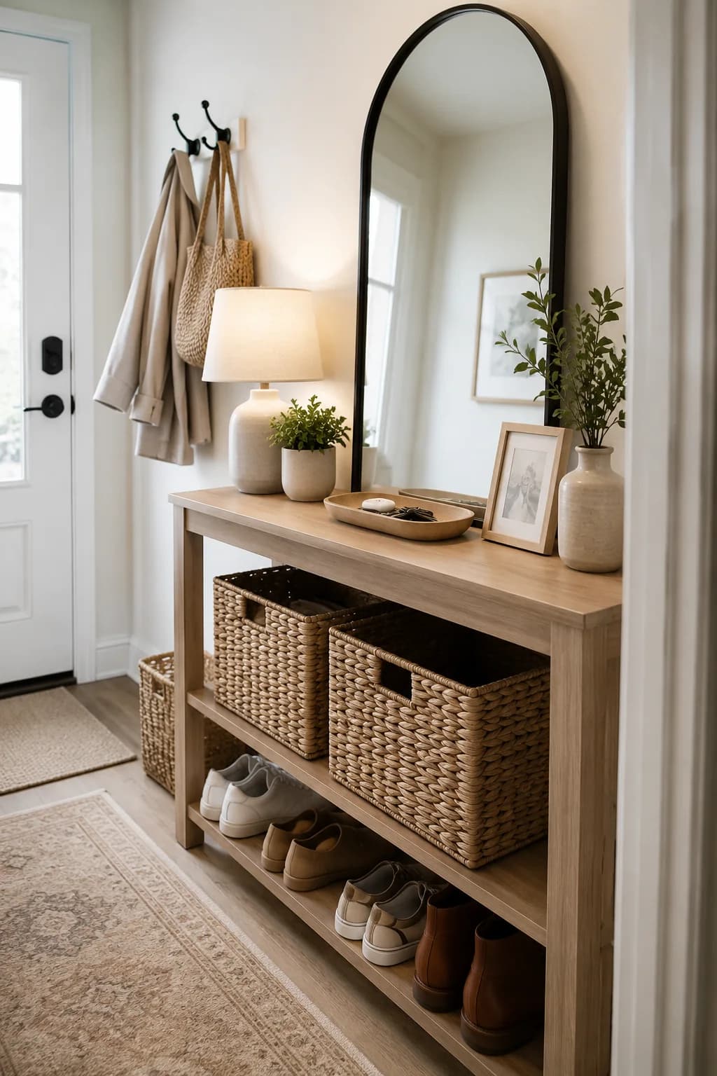 Light wood entryway console with two woven baskets on the middle shelf and shoes on the bottom shelf, a lamp, a tray and a framed print on top, an arched black mirror and coats on wall hooks beside it