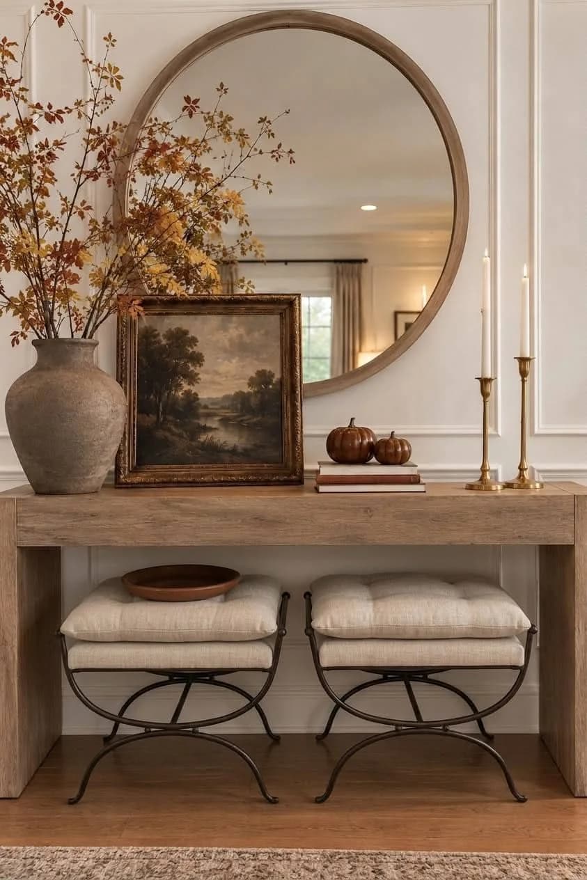 Wooden entryway table with two upholstered stools with iron legs underneath, a round mirror, fall branches in a stone vase, a small landscape painting, brass candlesticks and mini pumpkins