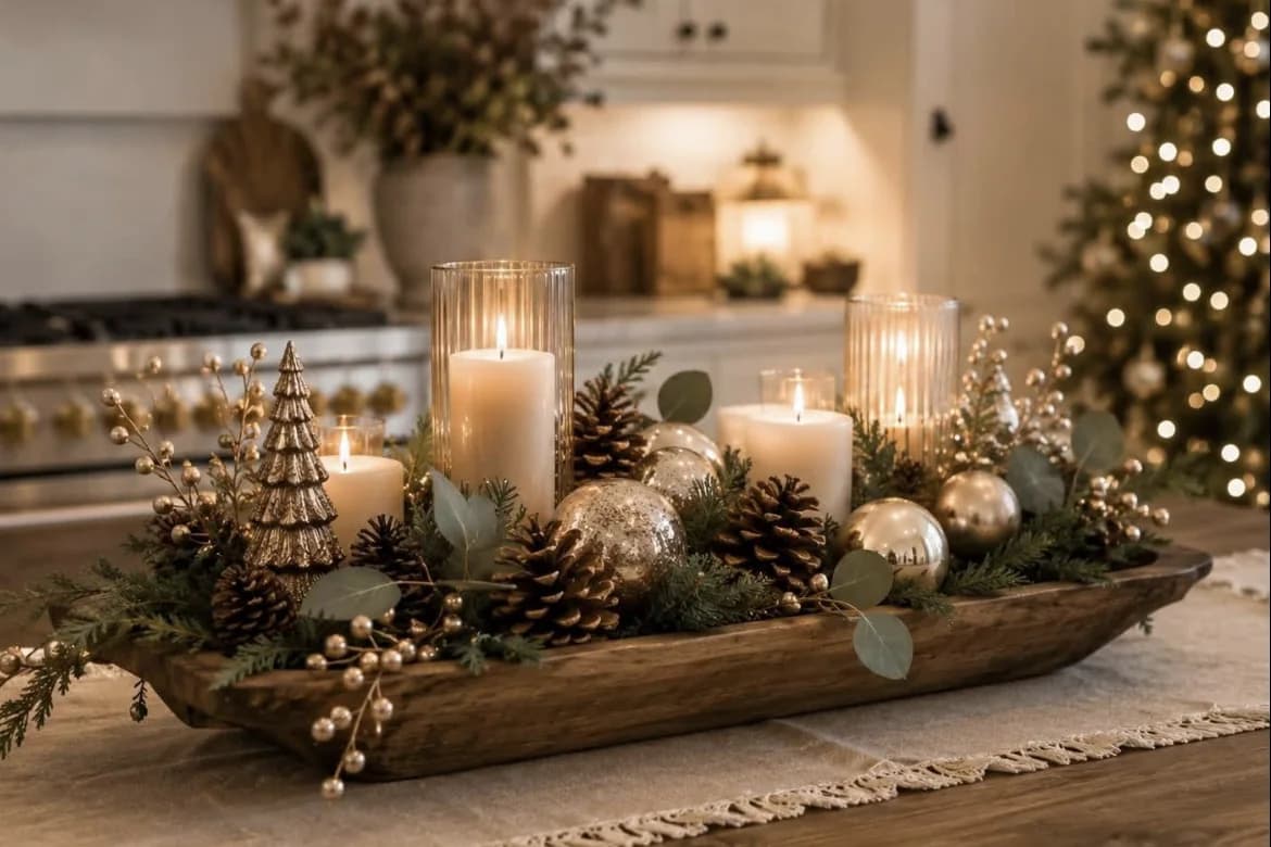Centro de mesa navideño en una batea de madera con velas blancas en vasos de vidrio, piñas, esferas doradas, ramas de eucalipto y pinitos sobre un camino de mesa