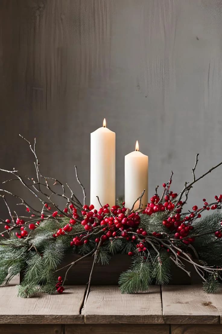 Dos velas blancas encendidas en un arreglo bajo de ramas de pino, ramas secas y frutos rojos sobre una mesa de madera rústica