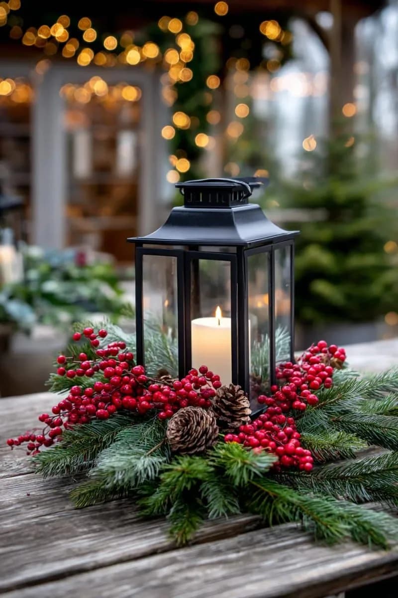 Farol negro con una vela blanca sobre una base de ramas de pino, frutos rojos y una piña en una mesa de madera al aire libre