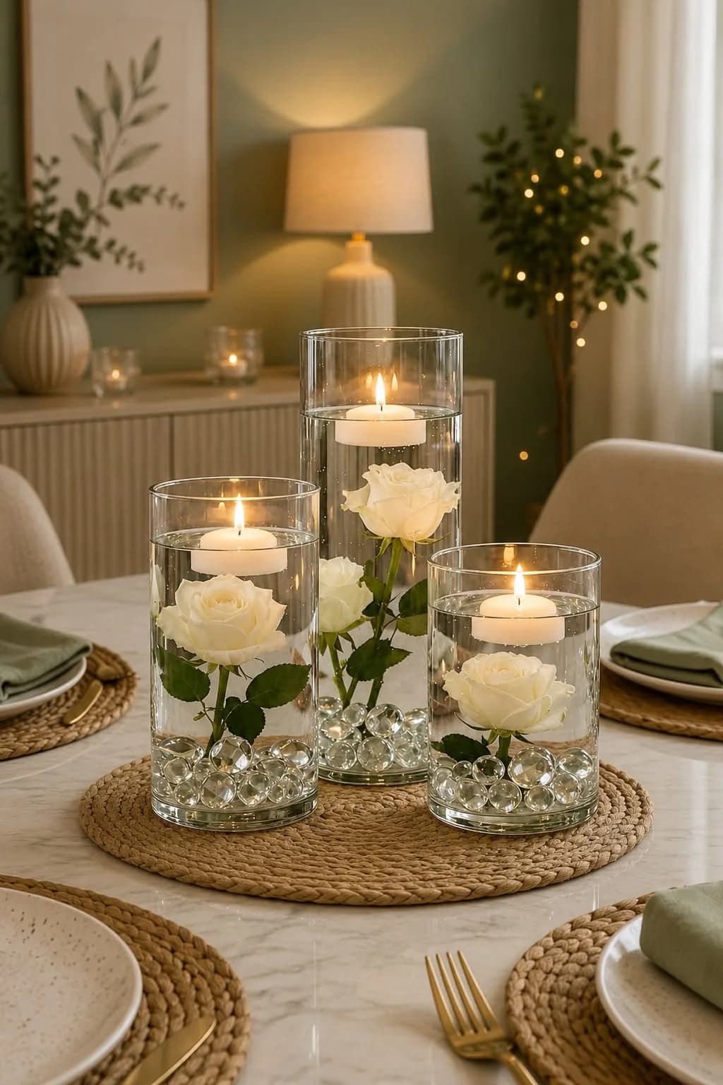 Tres cilindros de vidrio con agua, rosas blancas sumergidas y velas flotantes sobre un individual de fibra natural en una mesa de comedor