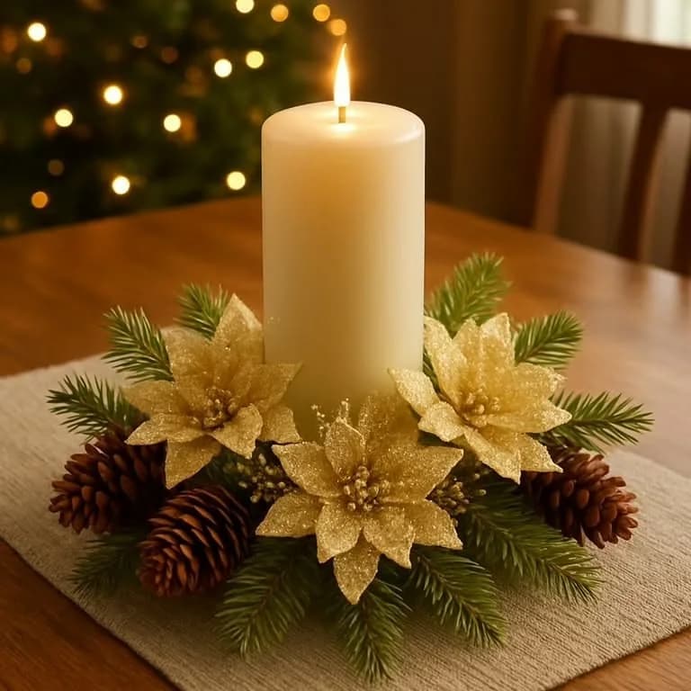 Vela de pilar marfil encendida rodeada de nochebuenas doradas, piñas y ramas de pino sobre un mantel de lino en una mesa de madera