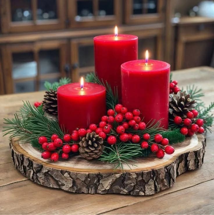 Tres velas de pilar rojas encendidas sobre una rodaja de tronco con ramas de pino, frutos rojos y piñas, sobre una mesa de madera