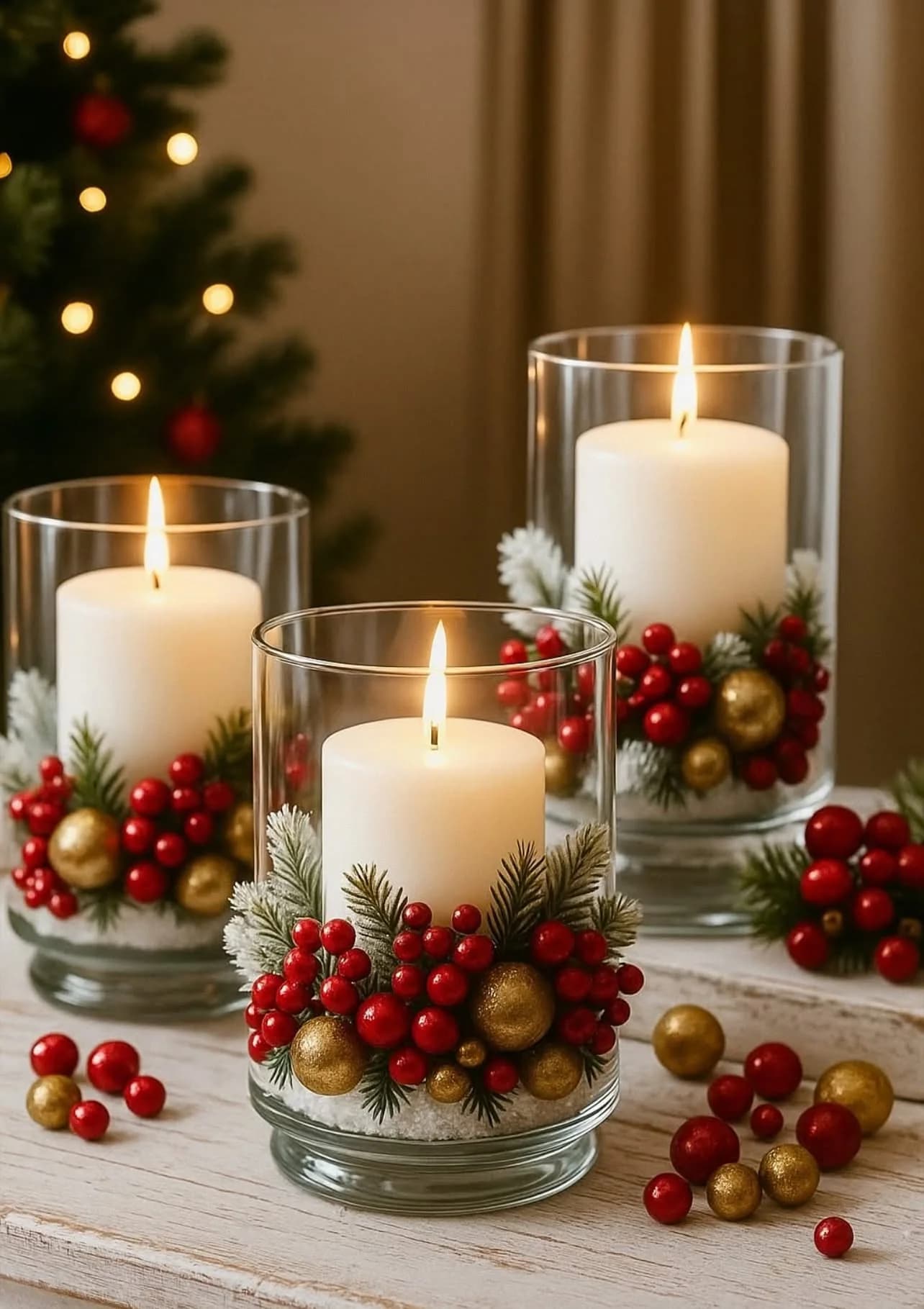Tres vasos de vidrio de distintas alturas con velas blancas, esferas doradas y rojas y ramitas de pino, con frutos rojos sueltos sobre la mesa