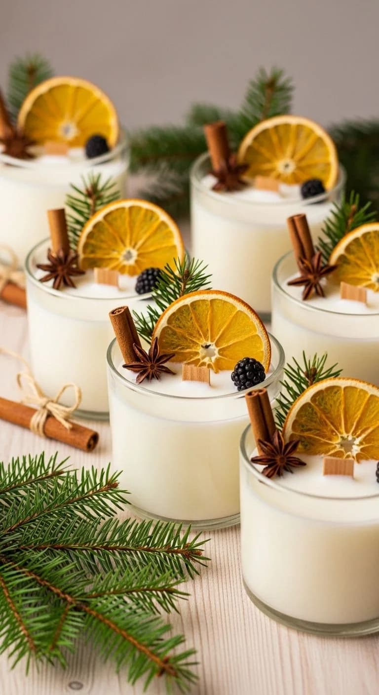 Grupo de velas blancas en vasos decoradas con rodajas de naranja deshidratada, rajas de canela, anís estrella y ramas de pino