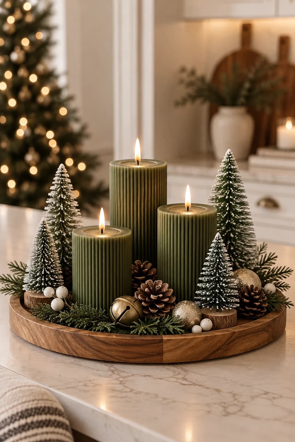 Charola redonda de madera con tres velas verdes acanaladas, pinitos nevados, piñas y cascabeles dorados sobre una barra de cocina